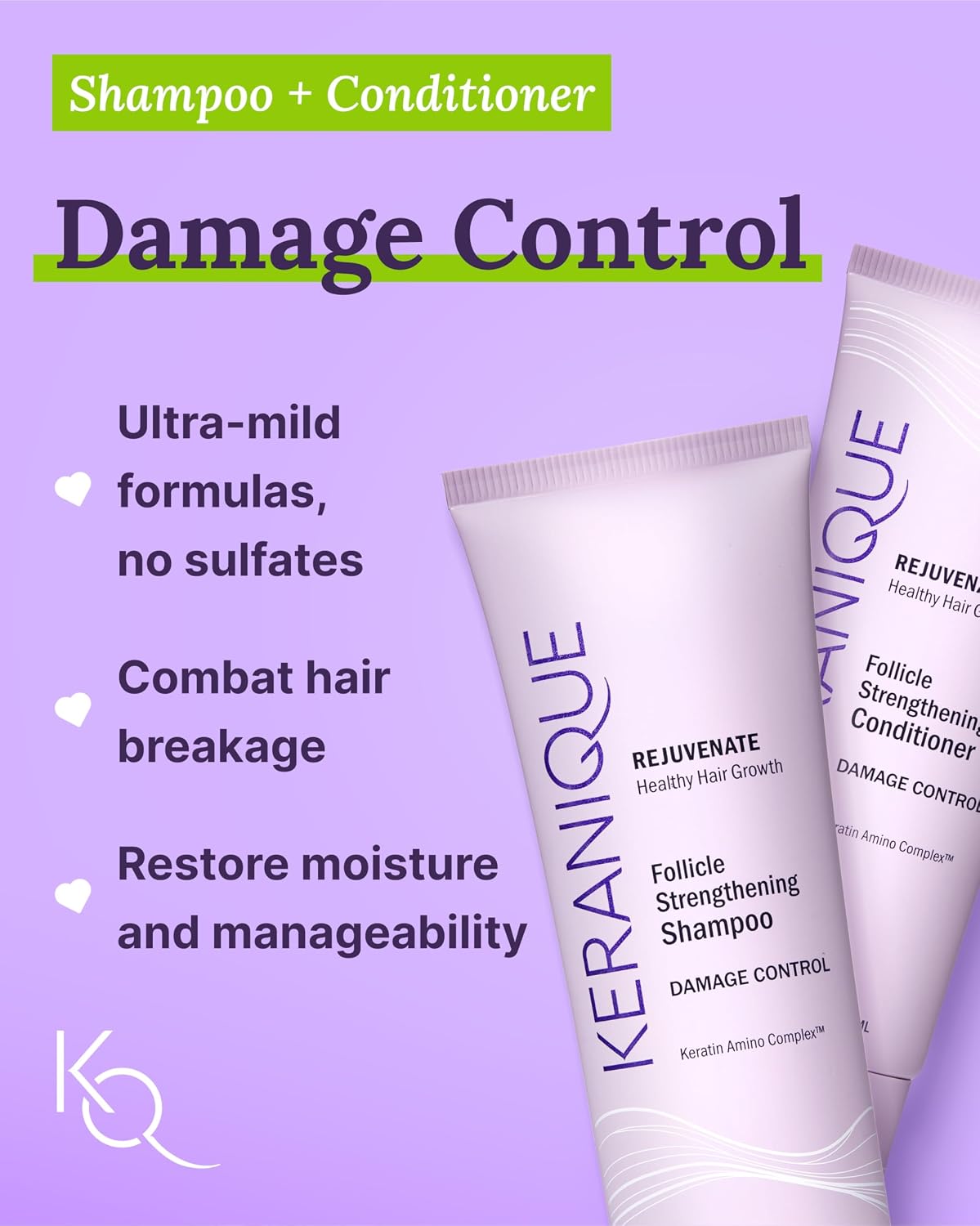 Keranique Damage Control Set for Thinning Hair - Shampoo and Conditioner for Damaged Hair, Follicle Booster Serum, Lift & Repair Spray - Keratin Enriched Repair Products for Women with Dry, Thin Hair