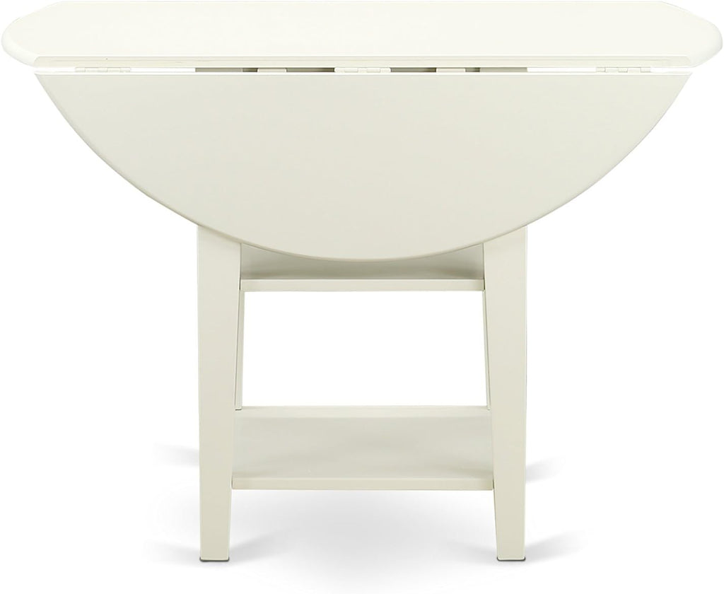 East West Furniture SUGR5-LWH-W 5 Piece Dining Table Set for 4 Includes a Round Kitchen Table with Dropleaf & Shelves and 4 Kitchen Dining Chairs, 42x42 Inch, Linen White