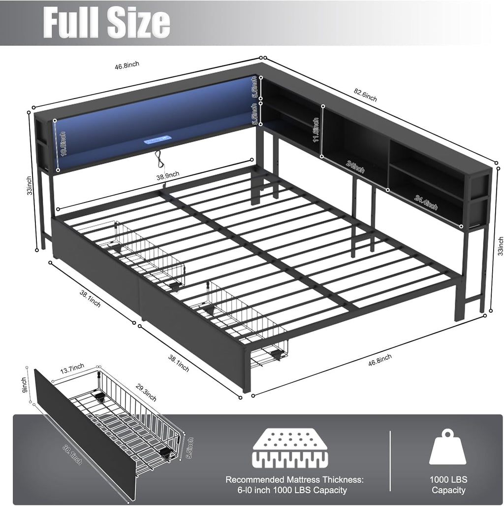 Black Full Corner Bed Frame with Storage Drawers, Metal Daybed with Storage Bookcase, Kids Platform Bed with Charging Station and LED Lights, No Spring Mattress Needed (Black, Full)