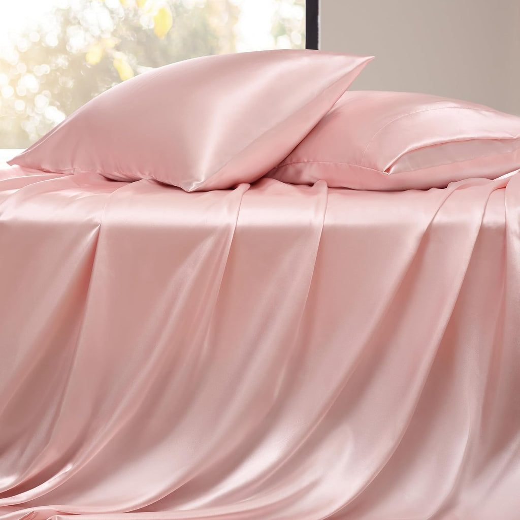 Twin XL Size 4-Piece Sheet Set Premium Mulberry Silk Bed Sheets Set Fits 14-16' Deep Pocket - Luxurious Soft Silk (Solid, Light Pink)