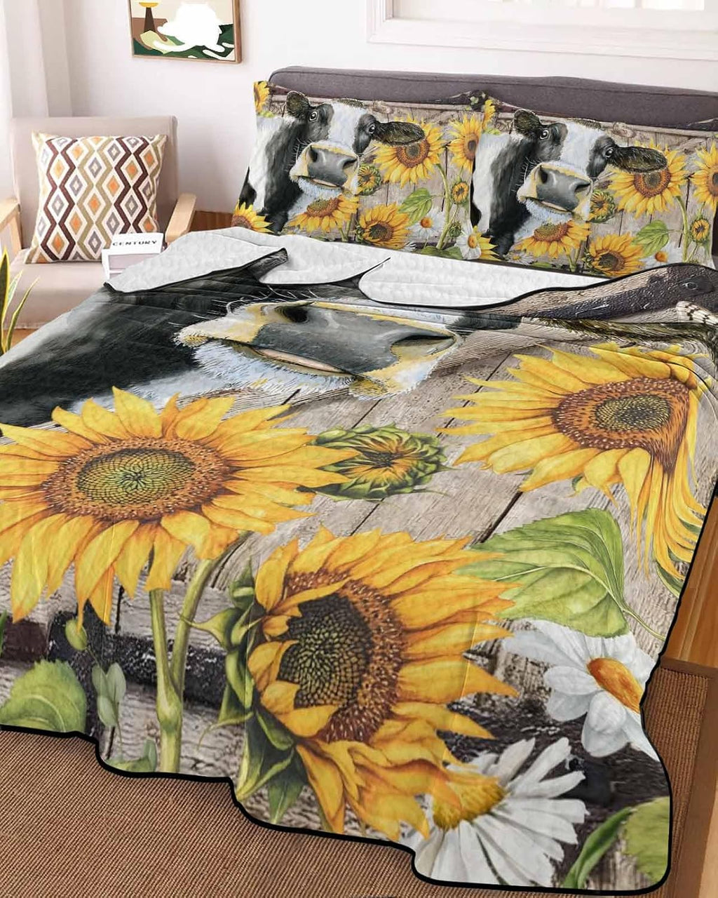 Quilt King Size Bedding Set, Retro Farmhouse Flower Lightweight Summer Quilt 3 Pieces Bedding Sets, Yellow Sunflowers Cow Barn Doors Brown Reversible Soft Bedspreads Coverlets with 2 Pillow Shams