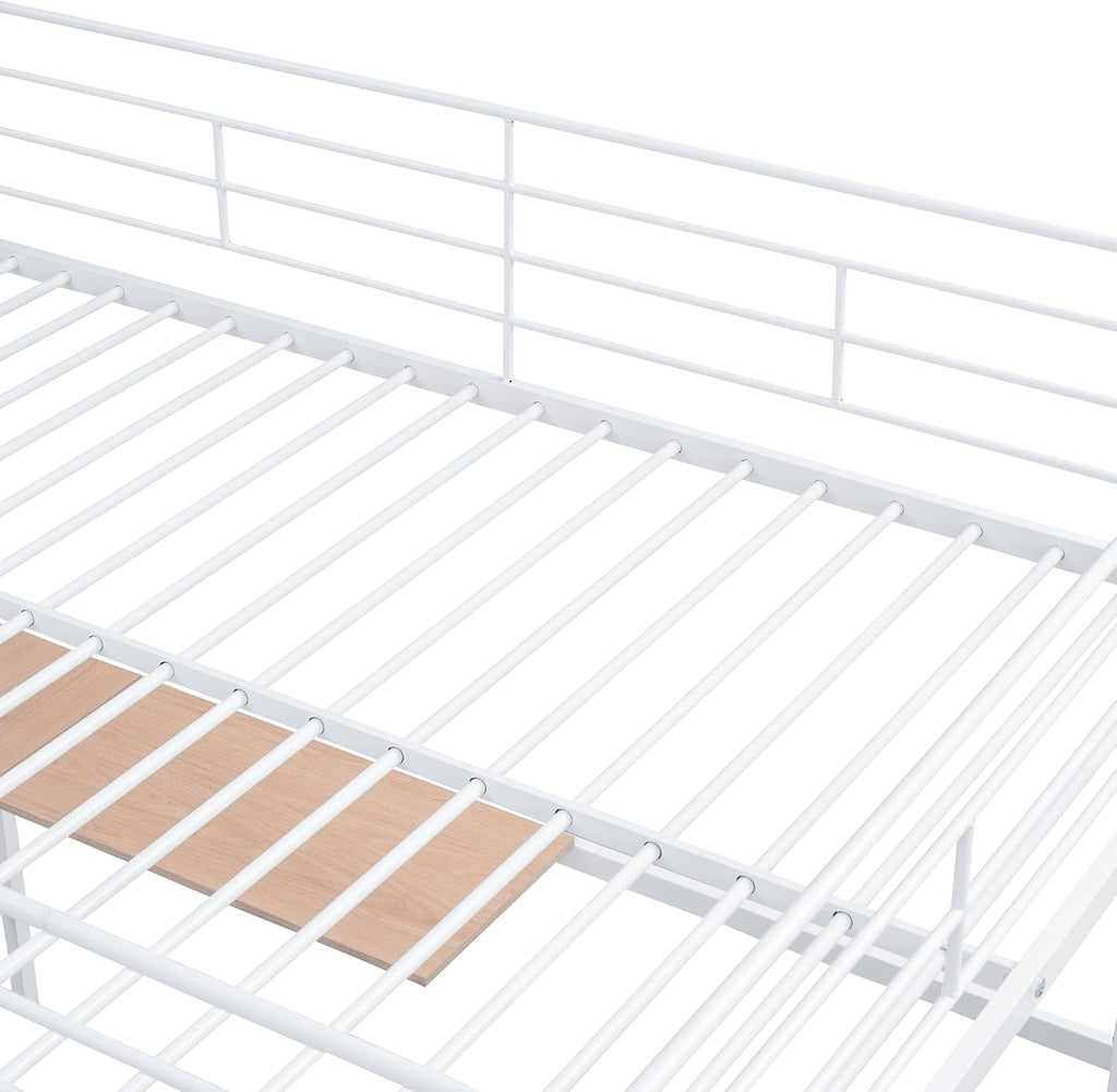 Metal Loft Bed with L-Shape Desk and Metal Grid, Lateral Storage Ladder and Wardrobe, Full Size Metal Frame Bed with Metal Slat Support and Guardrail, No Box Spring Needed (White-Wardrobe,Full)