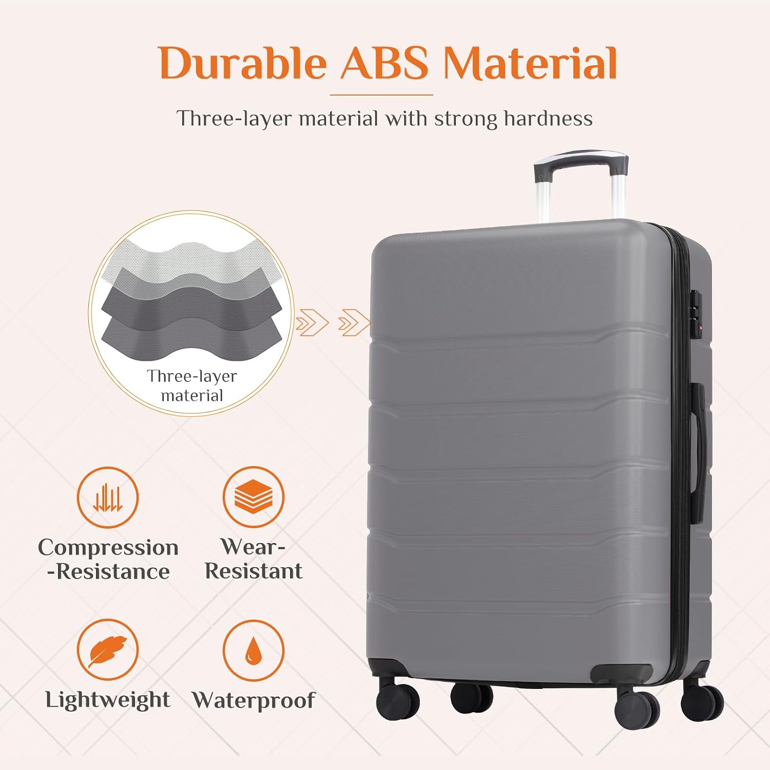 Sweetcrispy 3 Piece Luggage Set, ABS Hard Shell Carry On Suitcase with Smooth Spinner Wheels and TSA Lock, Lightweight Rolling Travel Luggage 20/24/28 Inch for Travel Business Vacation, Dark Grey