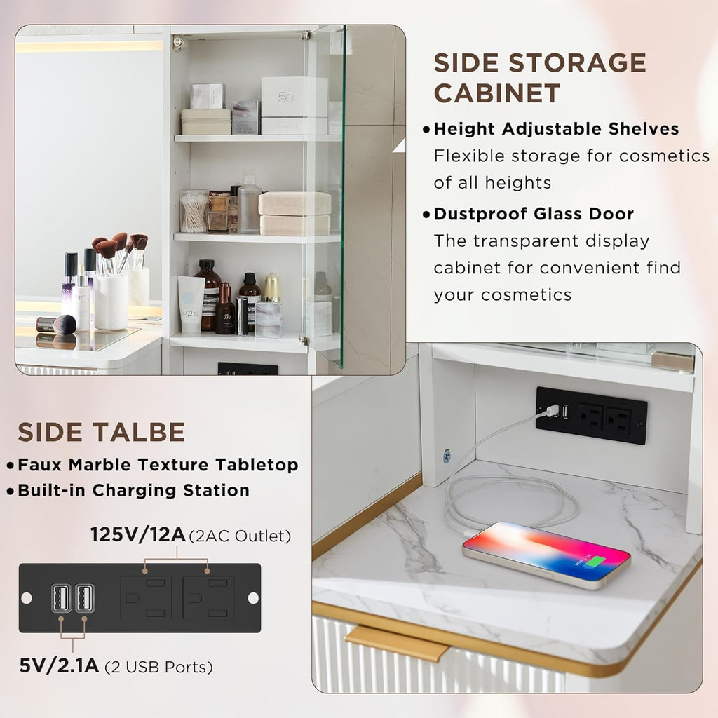 T4TREAM Fluted Makeup Vanity Desk with 36' HD Lighted Mirror, 48' Big Modern Vanity Desk with Mirror and Lights, Dressing Table with 5 Drawers & Shelves, Glass Top for Bedroom (Off White)