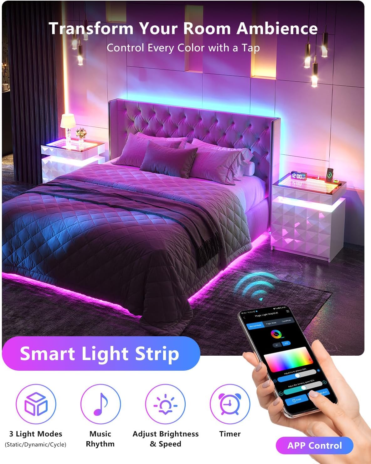Night Stand Set 2 with Charger Station & RGB Lights, 3 Drawers Bedside Table with Sliding Top, Modern NightStands with Human Body Sensor for Bedroom, White