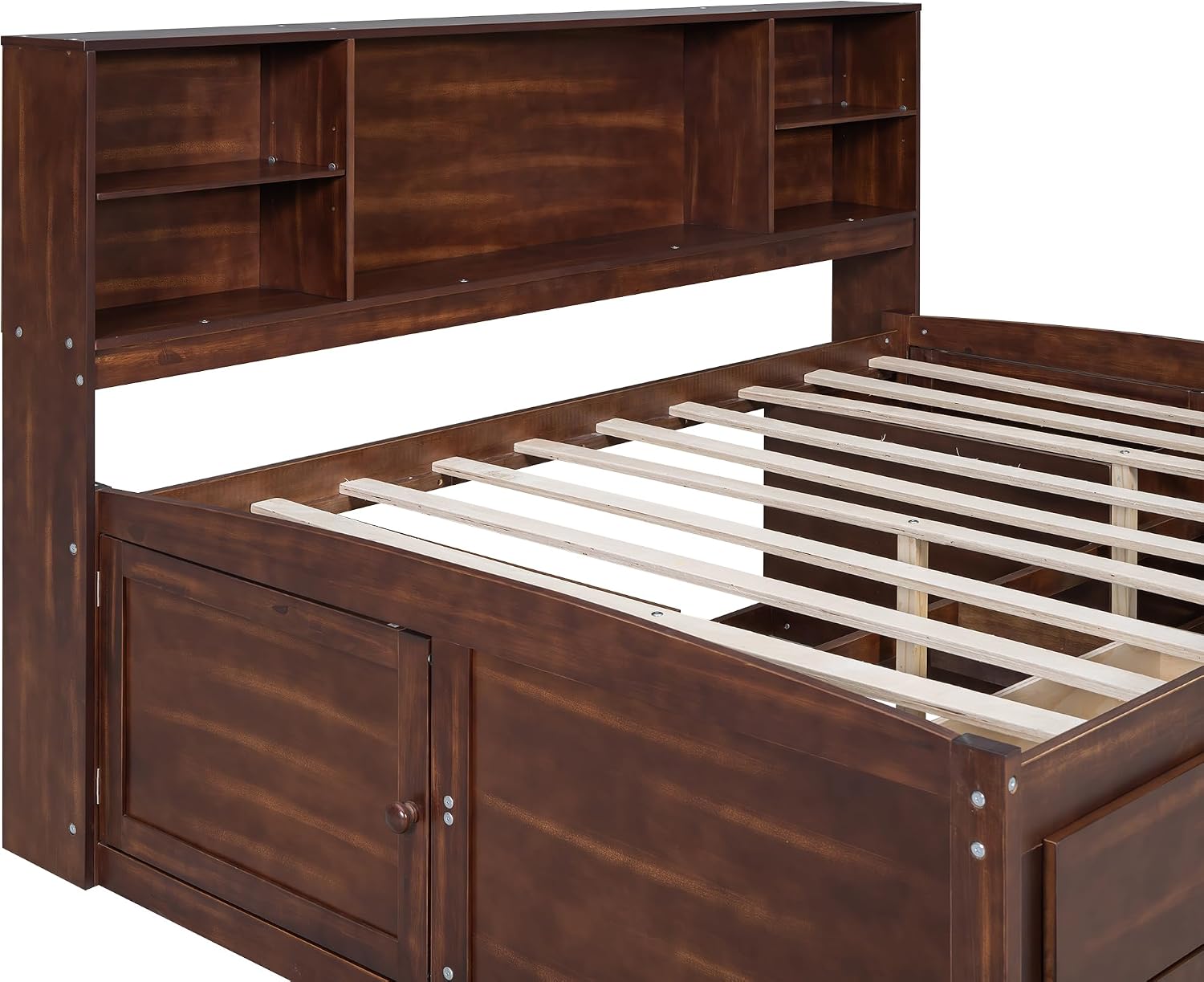 Classic Style Full Size Captain Bed with Built-in Storage Shelves, Wooden Daybed Frame with 4 Drawers and 2 Cabinets, Wood Slats Support for Kids Teens Adults, No Box Spring Needed