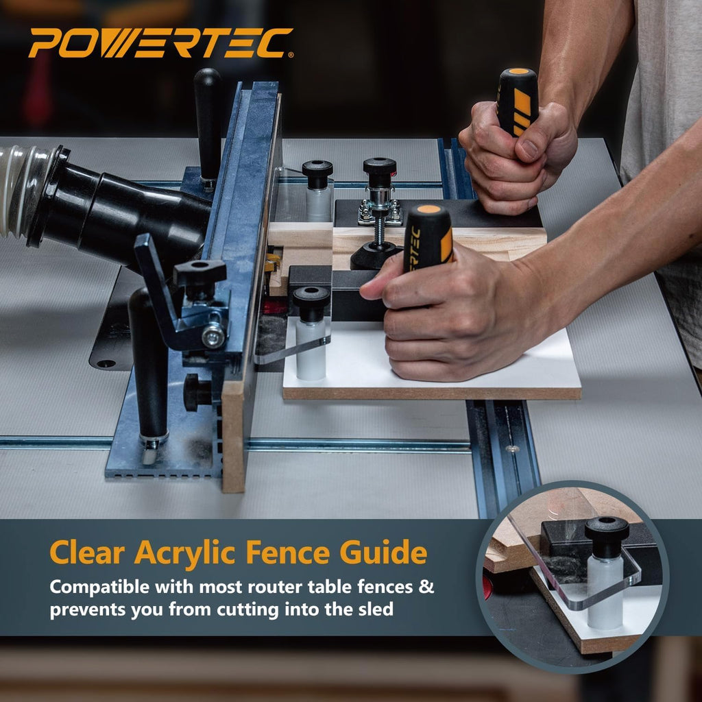POWERTEC Router Table Fence System 3-3/8' Tall 24' Long w/Rail Coping Sled, Cutting Rail for End Grain Cutting Profiles. Ideal for Cabinet Door, Drawer Fronts for Woodworking Tools Jigs (71975)