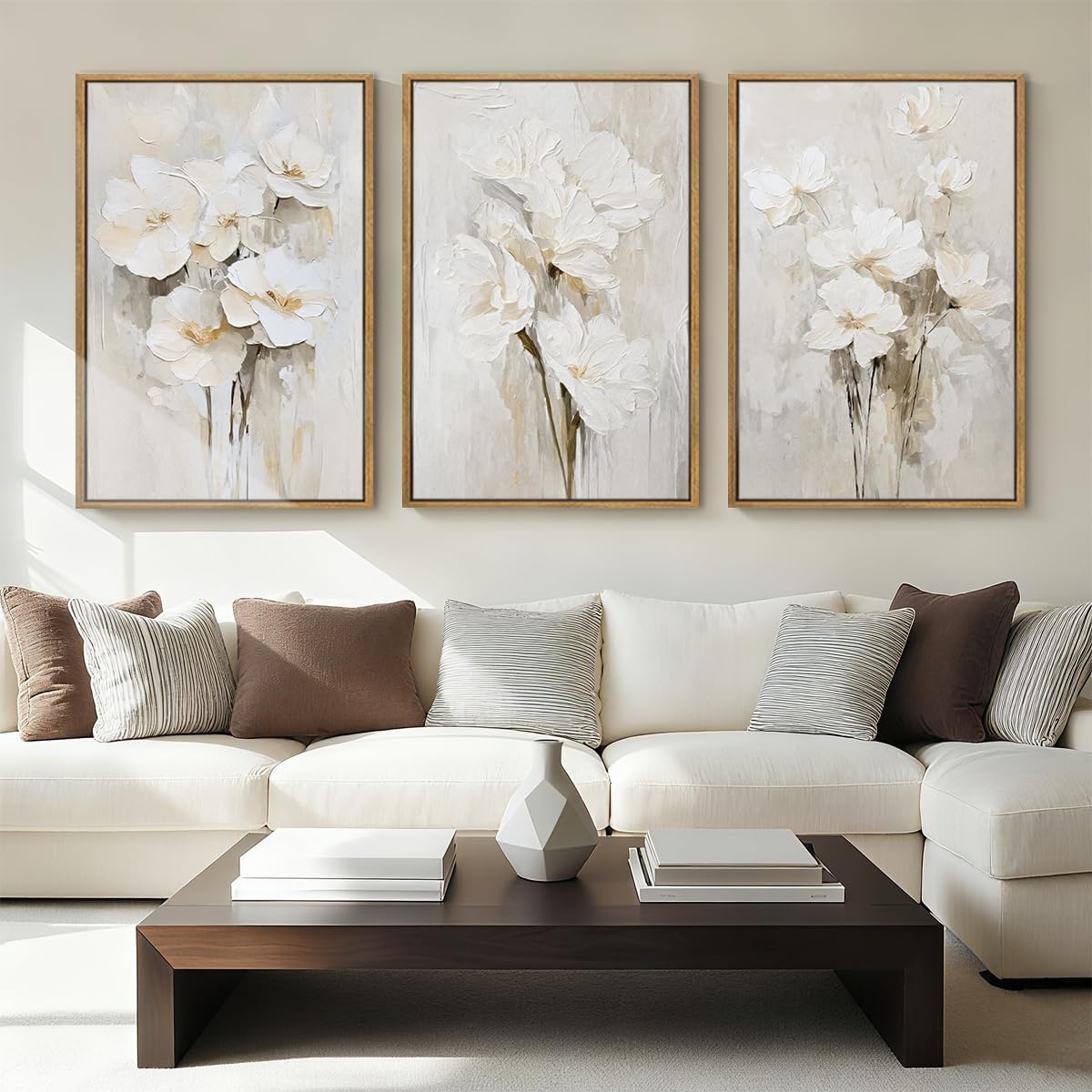 Anyzal Large Framed Beige Floral Wall Art Neutral Flower Wall Decor,White Flower Wall Art,White Wildflower Artwork,Abstract Botanical Floral Painting for Living Room Bedroom Dining Room 24x36 Inch