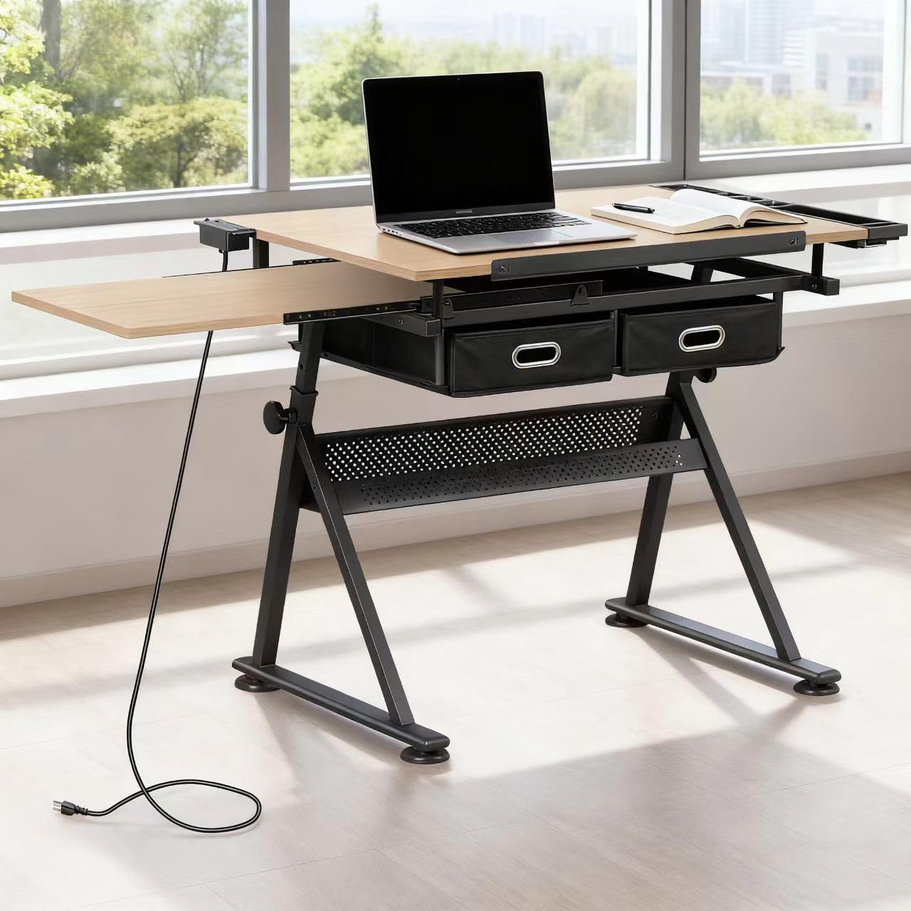 ZENY Adjustable Drafting Table with Stool, Tilting Drawing Desk Artist Table with Storage Drawers, Art Craft Workstation for Home Office Reading, Writing, Crafting (Brown-with Outlet)