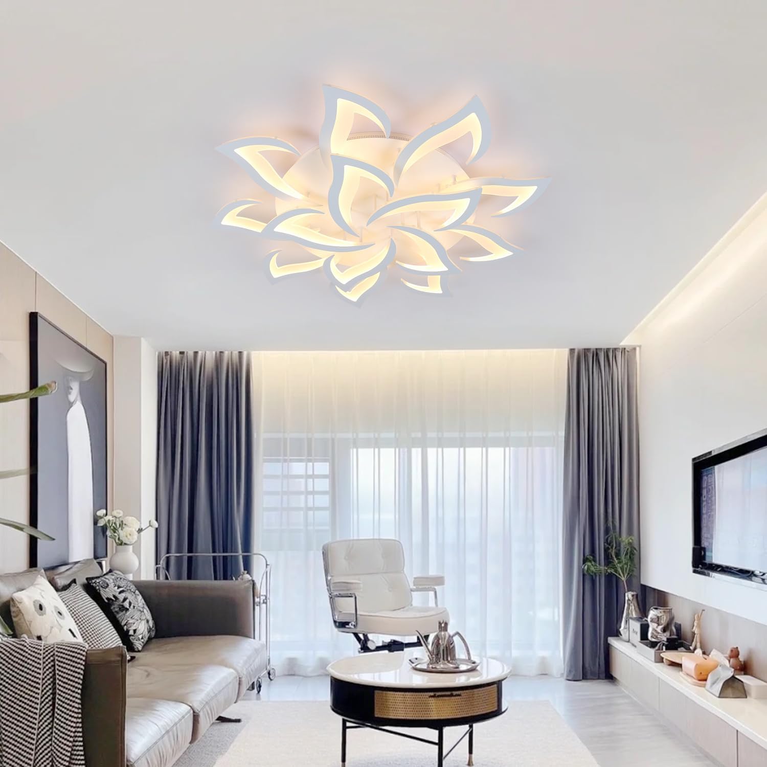 Goeco Modern Ceiling Light, LED Dimmable White 14-Petals Acrylic Flower Design Flush Mount Ceiling Light, 3000K-6500K with APP/Remote Control for Living Room, Dining Room, Kitchen