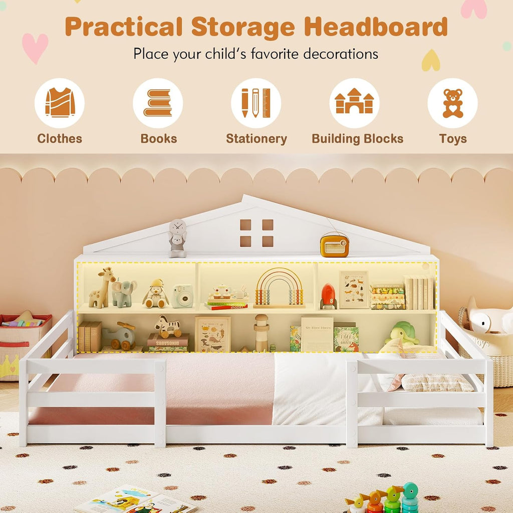 Giantex Twin Size Montessori Floor Bed with LED Lights, 2-in-1 Wooden House Bed Frame with Safety Guardrails, Storage Compartments & Shelf, No Box Spring Needed, Without Slats, White