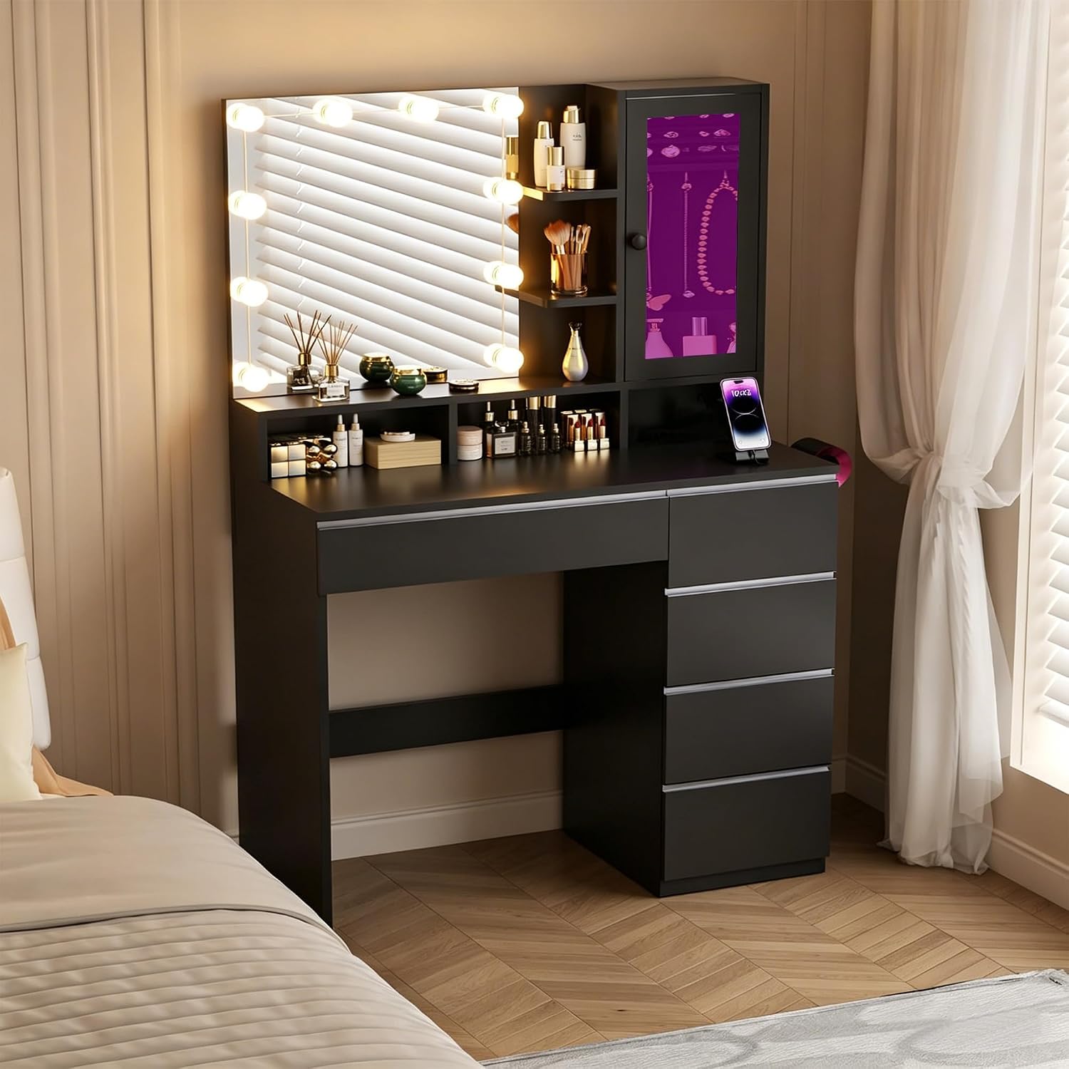ERLEJIA Vanity Desk with LED Lights Mirror, Makeup Table with Power Outlet for Ladies and Girls, 35.43' RGB Light Makeup Desk with 6 Storage Drawers for Bedroom, Black