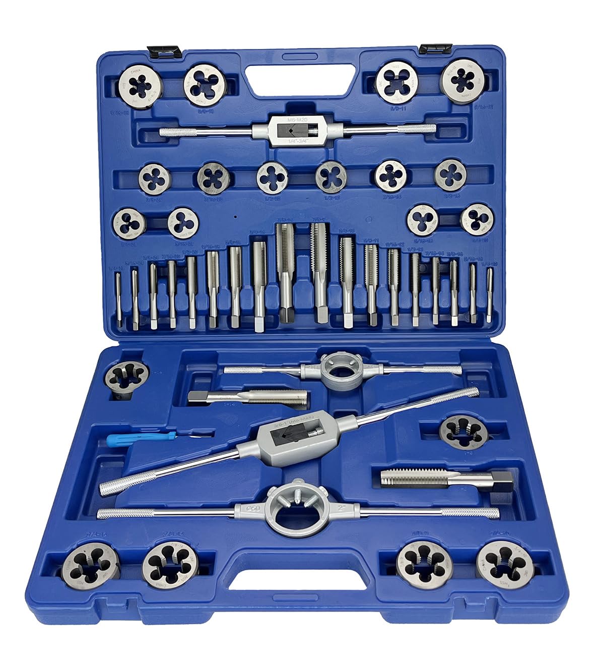 Drill America 45 Piece NC NF HSS Round Tap and Die Set (1/4-1) with 1-1/2 OD Round Dies and Handles