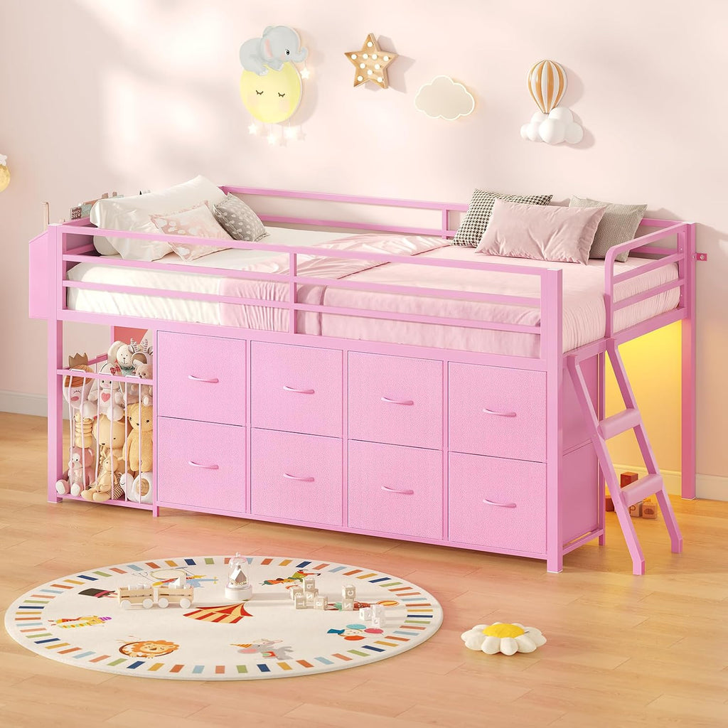 UPOSOJA Twin Size Low Loft Bed with RGB Lights & Play Zone, 8 XL Drawers, Kids Play Loft with 2-Step Ladder & Anti-Tip Kit (Pink)