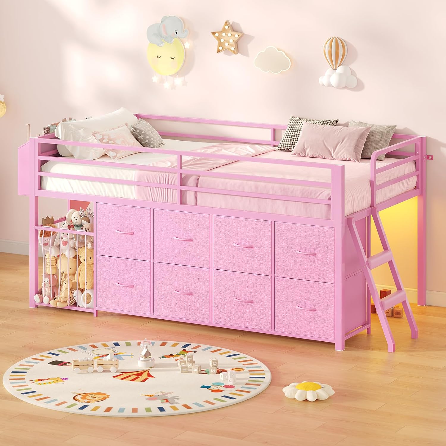 UPOSOJA Twin Size Low Loft Bed with RGB Lights & Play Zone, 8 XL Drawers, Kids Play Loft with 2-Step Ladder & Anti-Tip Kit (Pink)
