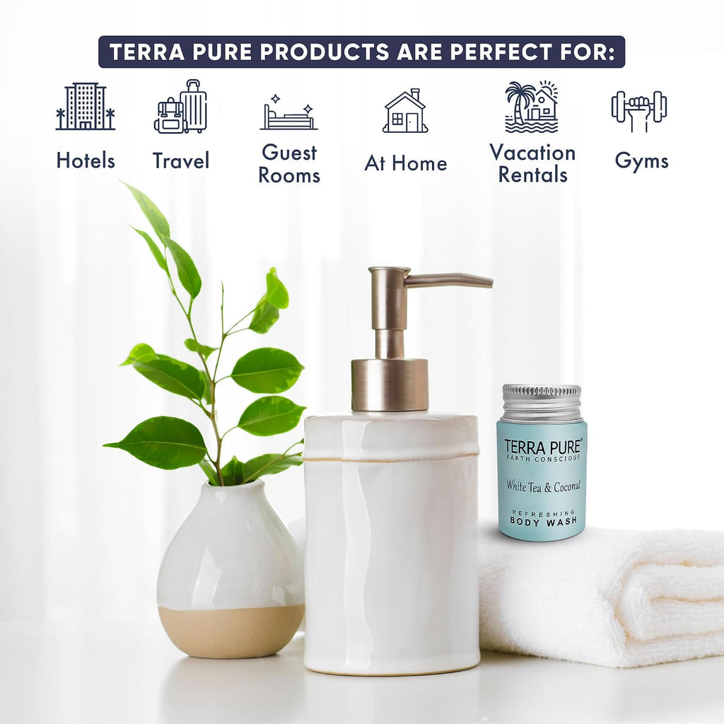 Travel Size Hotel Body Wash 300 Count 1 oz Bottles Guest Amenities for Hotels Vacation Rentals & Short Term Rentals Paraben Free White Tea & Coconut Scent Infused with Aloe and Olive Oil by Terra Pure