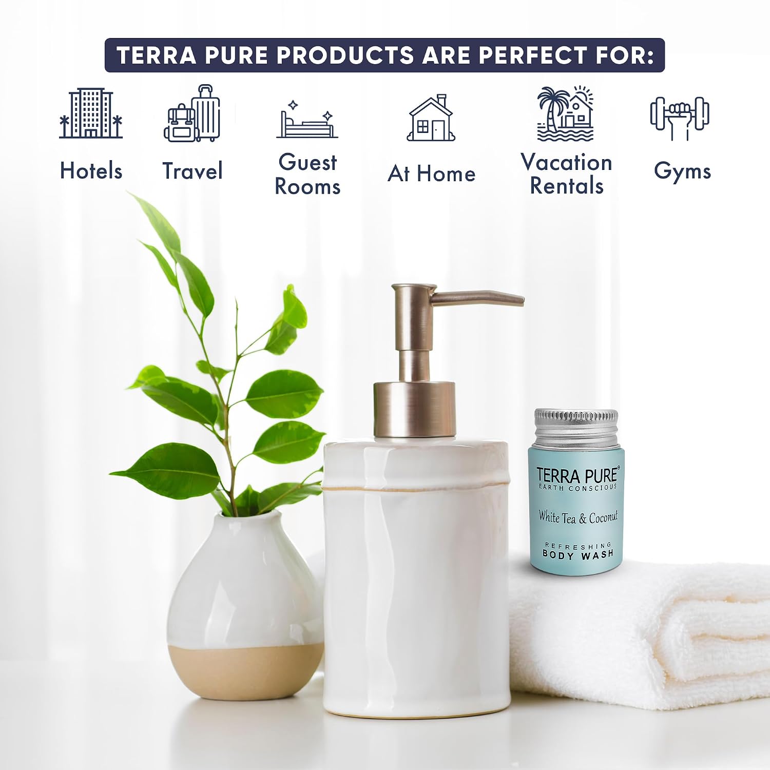 Travel Size Hotel Body Wash 300 Count 1 oz Bottles Guest Amenities for Hotels Vacation Rentals & Short Term Rentals Paraben Free White Tea & Coconut Scent Infused with Aloe and Olive Oil by Terra Pure