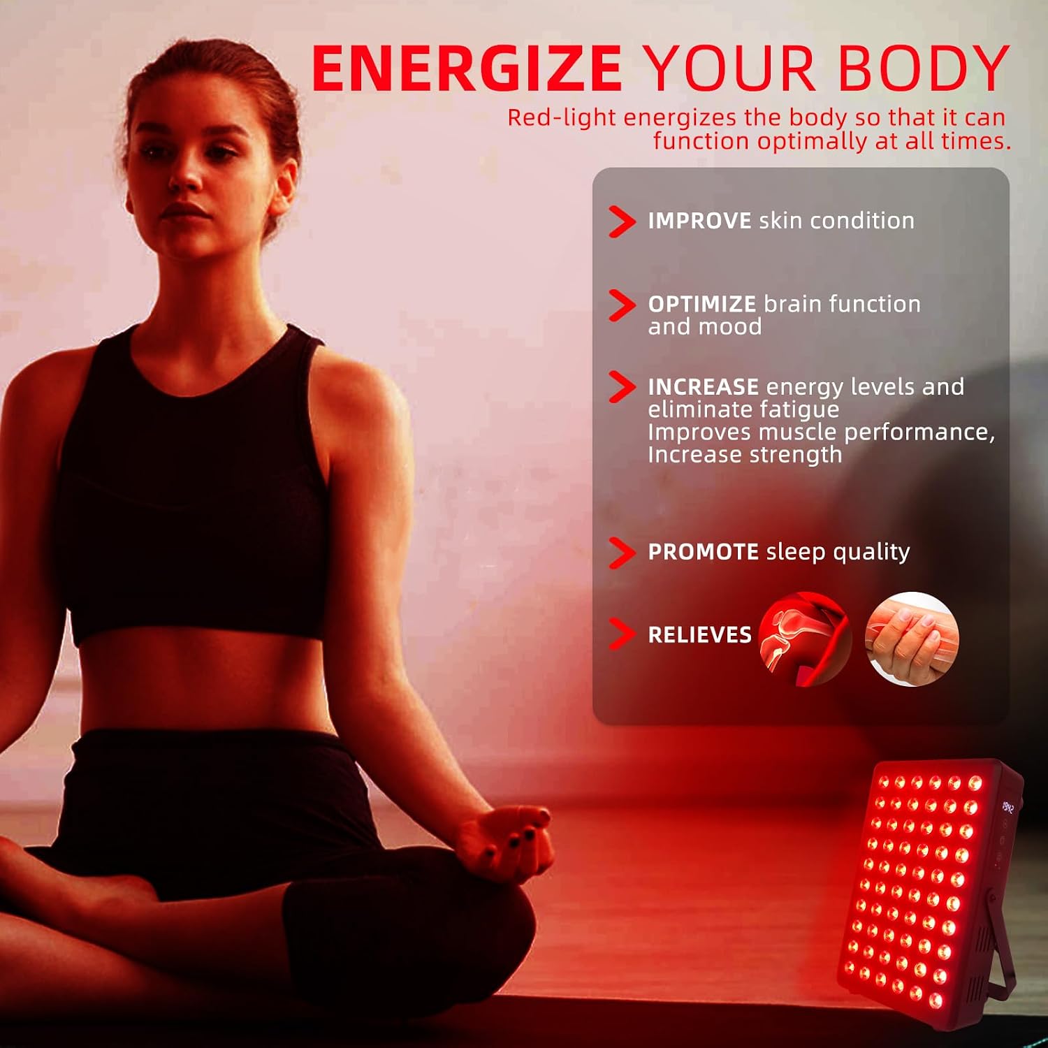 Red Light Therapy Panel for Body and Face, 660nm Red 850nm and Near Infrared Panel Built-in Timer, 60 LEDs High Power, Promote Sleep, Improve The Body, Relieve Muscle Fatigue（E300-Black)