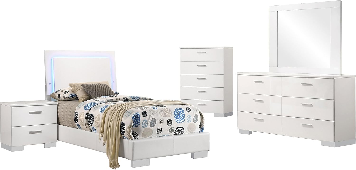Benzara Sok 5pc Twin Bedroom Set with Blue LED Lights, White High Gloss Wood