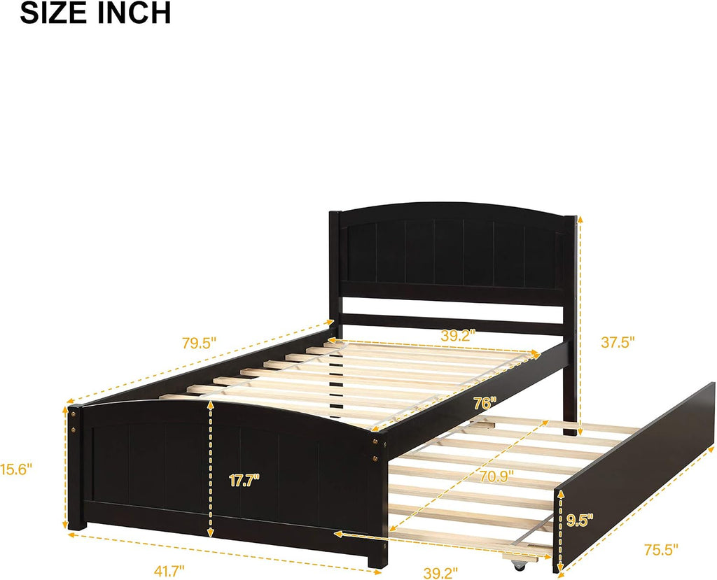 Modern Solid Wood Platform Bed with Trundle Classic Bed Frame with Headboard, No Box Spring Needed Space Saving, Twin Espresso