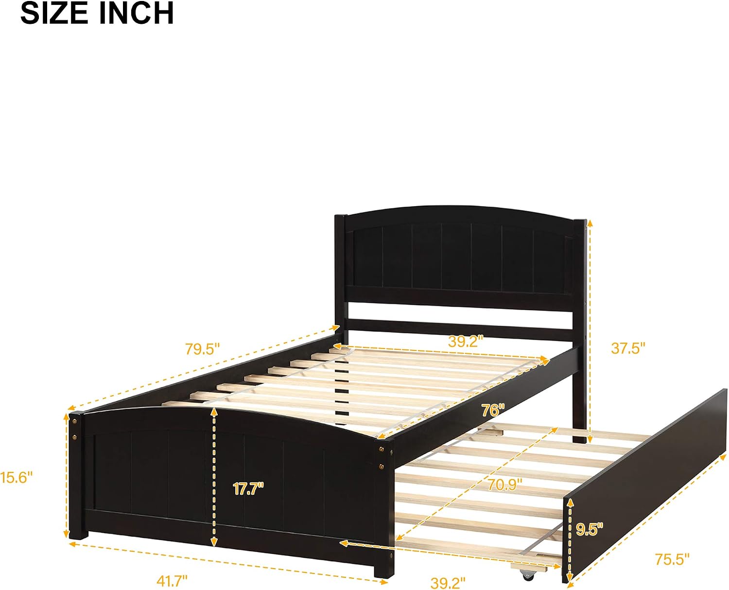 Modern Solid Wood Platform Bed with Trundle Classic Bed Frame with Headboard, No Box Spring Needed Space Saving, Twin Espresso