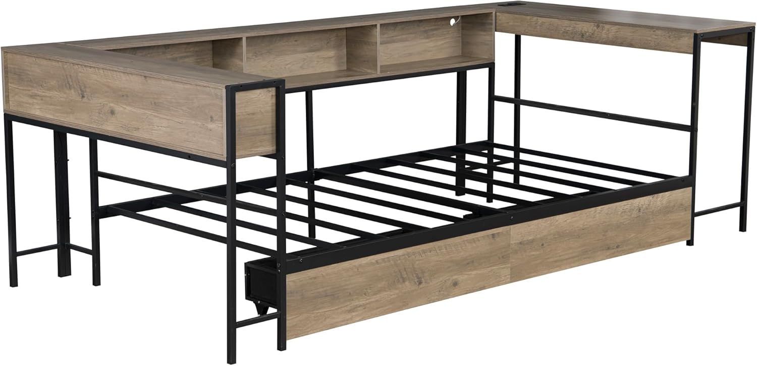 Twin Corner Bed Frame with Desk and Storage Bookcase, L- Shaped Daybed with 2 Drawers, LED Lights & 2 Charging Station, Modern Metal Twin Size Platform Bed for Kids/Teen Bedroom, Brown