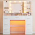 ERLEJIA Vanity Desk with Mirror and Lights, Large Glasstop Makeup Vanity Desk with 7 Drawers and Power Outlet, 6 Open Shelves, White