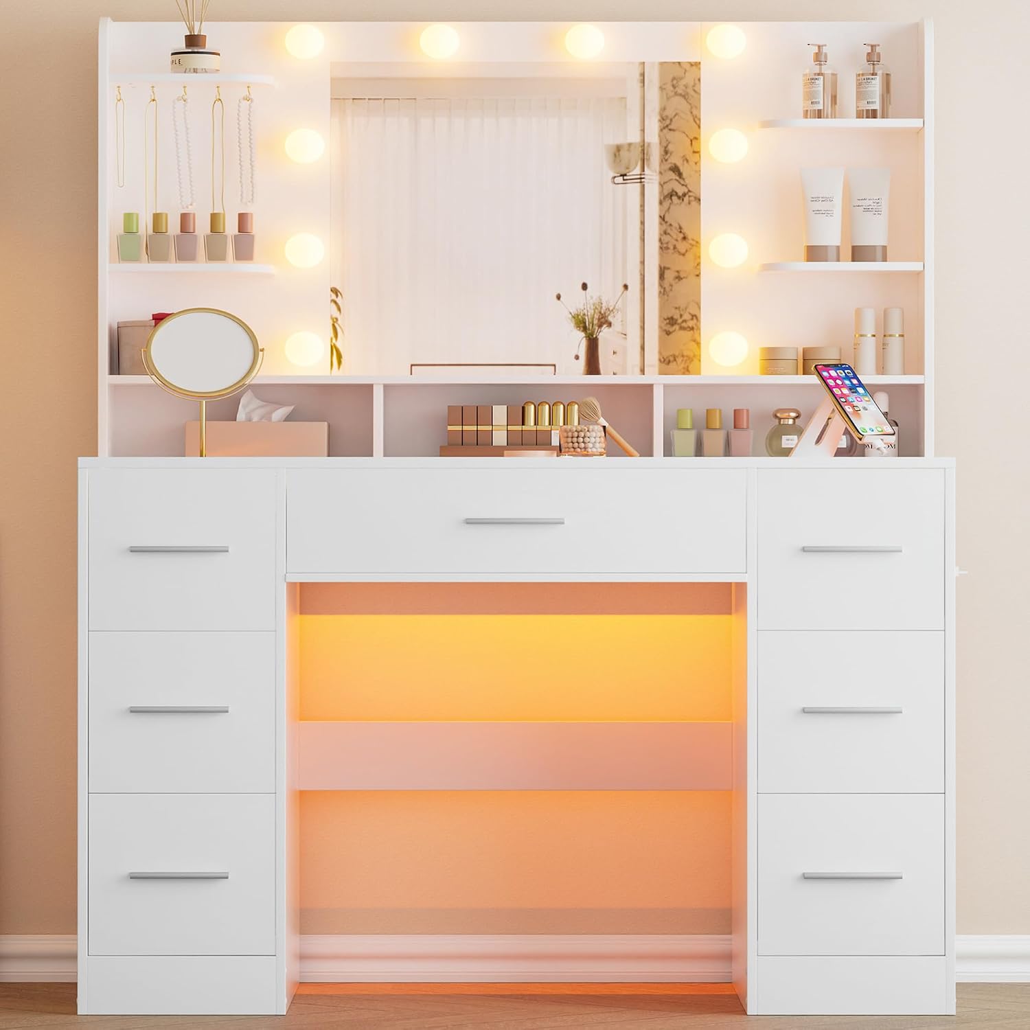 ERLEJIA Vanity Desk with Mirror and Lights, Large Glasstop Makeup Vanity Desk with 7 Drawers and Power Outlet, 6 Open Shelves, White
