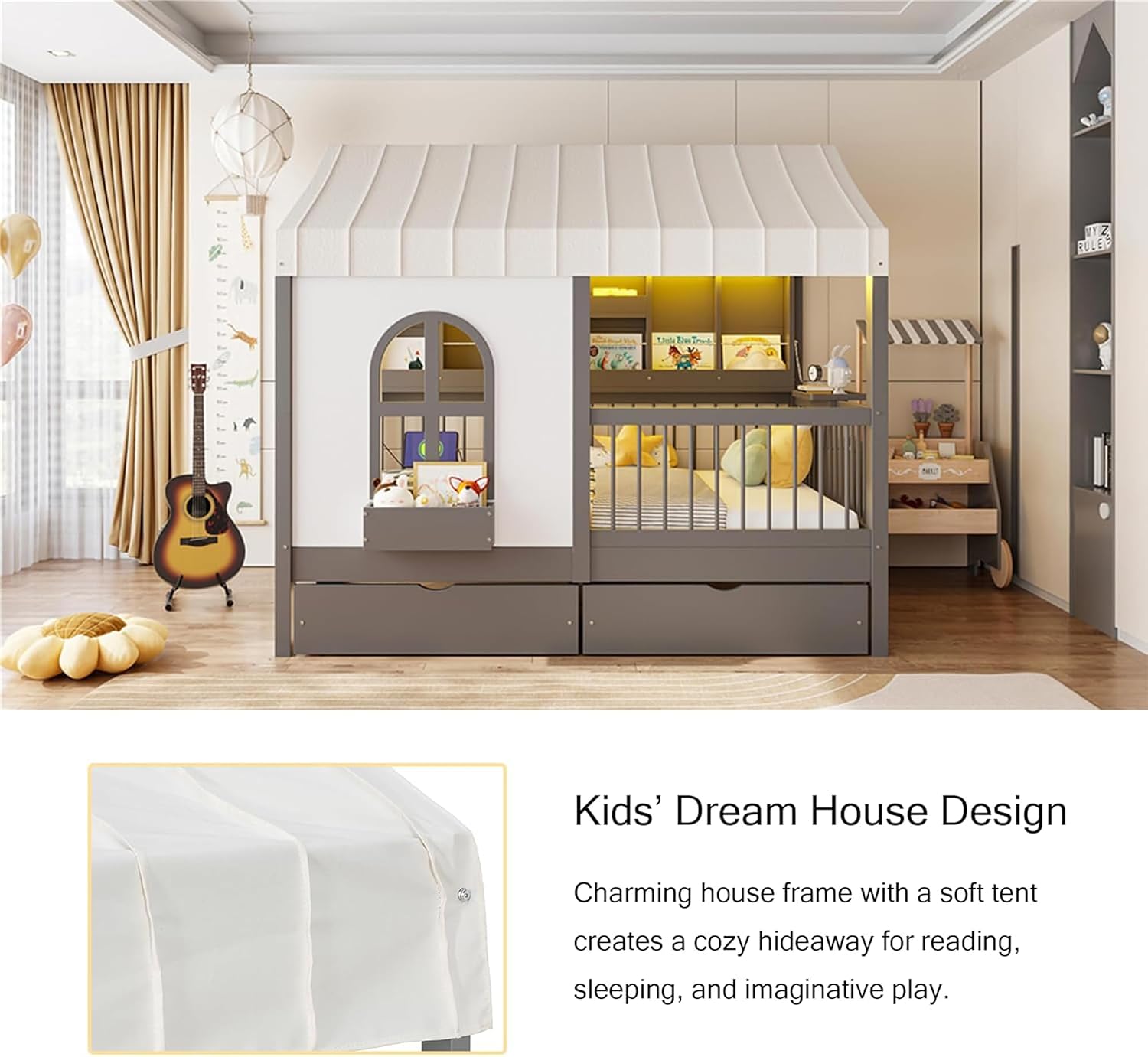 Polibi Twin Size House Bed with 2 Large Drawers, Side Bookshelf with LED Strip, Built-in Charging Board & Soft Tent, Gray Wooden Kids House Bed with Ultra-High Guardrails for Safe Sleep