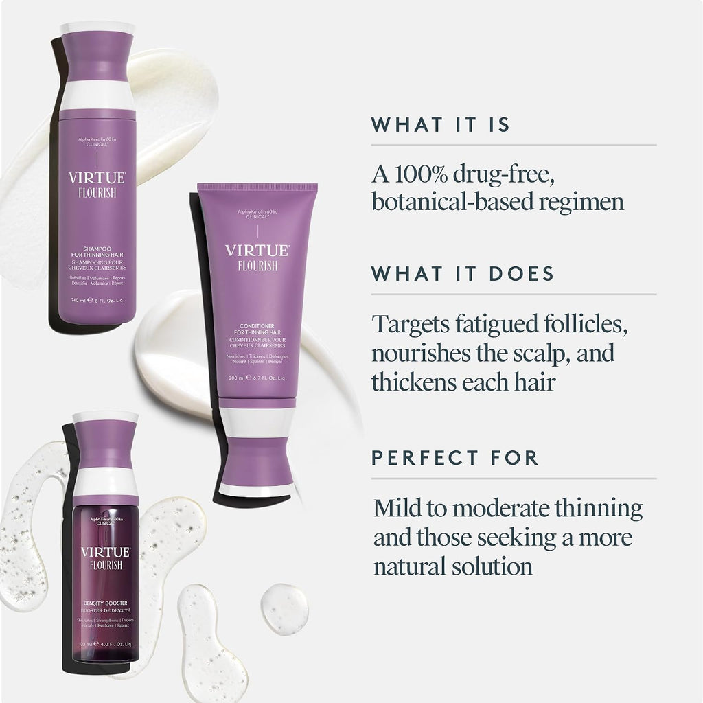 Virtue Flourish Shampoo, Conditioner and Density Booster Treatment Bundle for Thinning Hair for Women, 100% Drug-Free Regimen