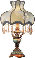 Victorian Lamp Antique Table Lamp with Lace & Fringe,Vintage Fabric Table Lamp with Shade,European Pastoral Night Stand Flower Floral Lamp Table Light for Bedroom Living Room