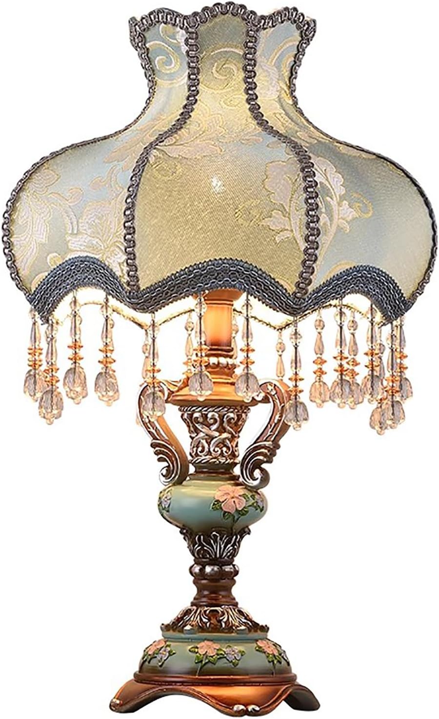 Victorian Lamp Antique Table Lamp with Lace & Fringe,Vintage Fabric Table Lamp with Shade,European Pastoral Night Stand Flower Floral Lamp Table Light for Bedroom Living Room