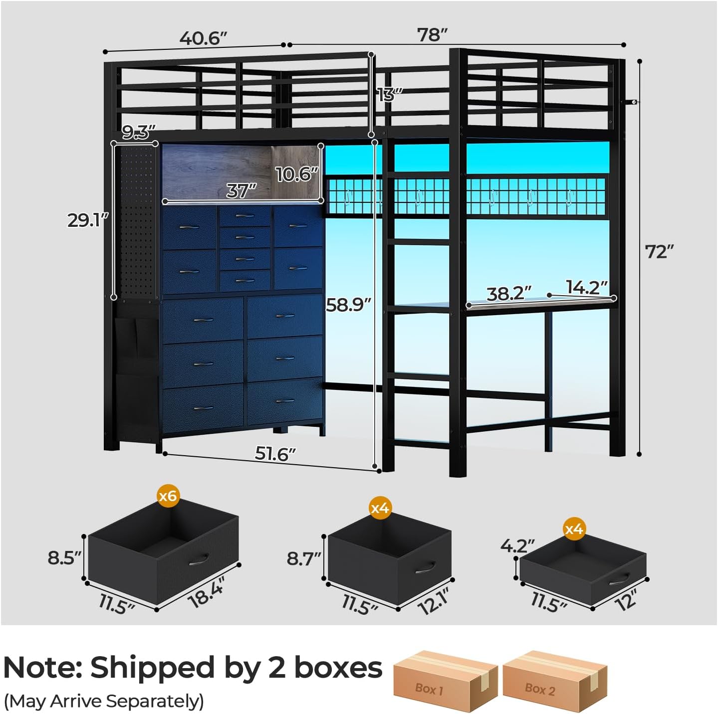 ADORNEVE Twin Loft Bed with Desk,14 Storage Drawers & Power Outlet, Kids Loft Bed Twin Size with LED Lights, Pegboard, Metal Loft Beds with Safety Guardrail & Ladder, Space Saving for Teens, Black