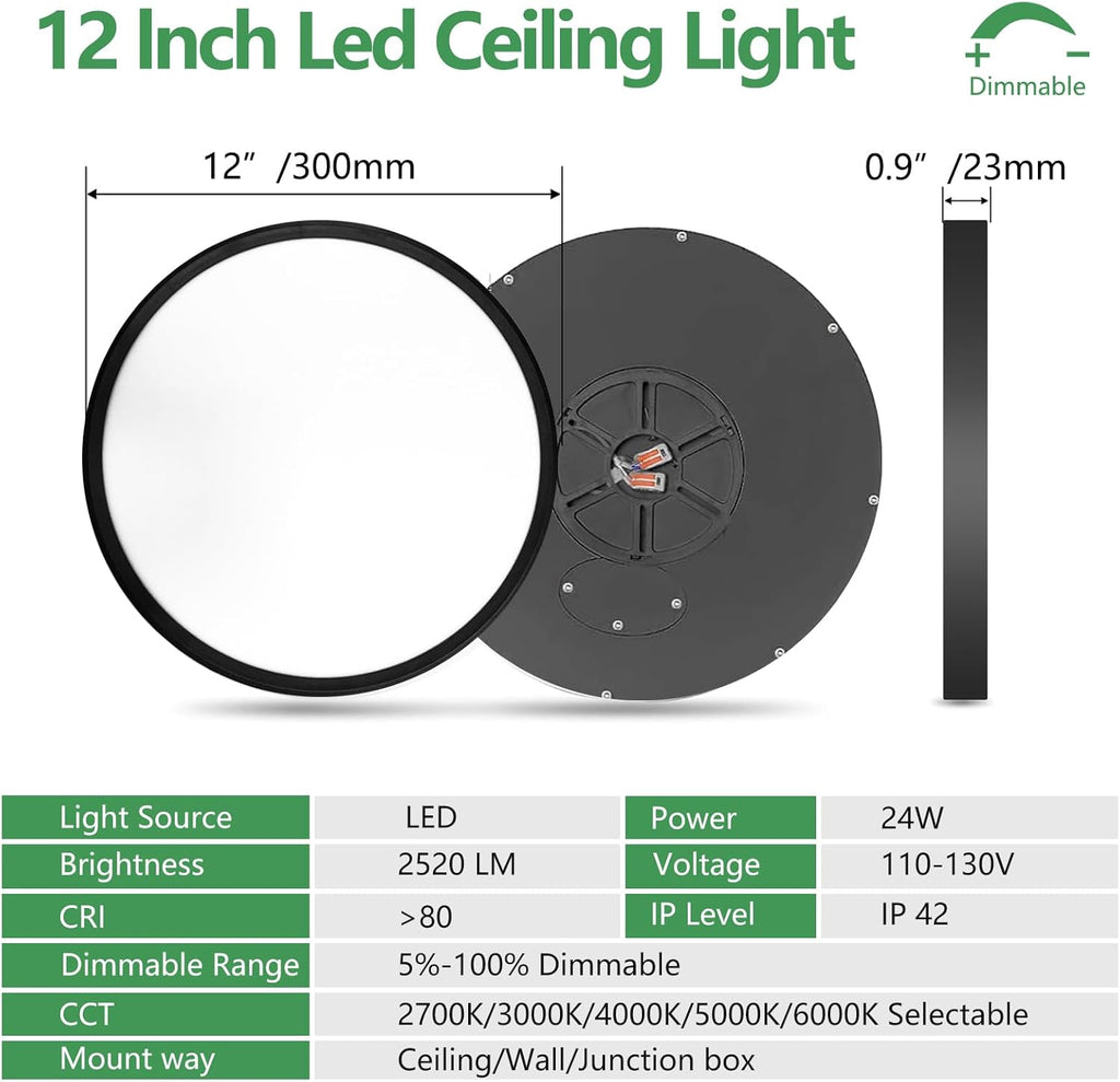 12 Inch 12PK Dimmable LED Flush Mount Ceiling Light,2700K/3000K/4000K/5000K/6000K CCT Selectable, Round Flat Panel Ceiling Lamp for Bedroom/Bathroom/Living Room (Black, 12' 12PK)