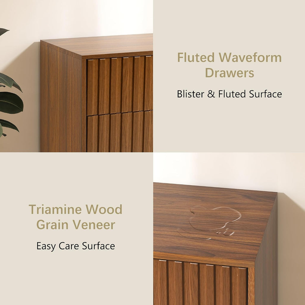 Fluted Dresser for Bedroom, 47'' Wide Modern Chest of Drawers, 6 Drawer Dresser TV Stand, Natural Wood Drawer Organizer for Bedroom, Living Room, Hallway, Walnut