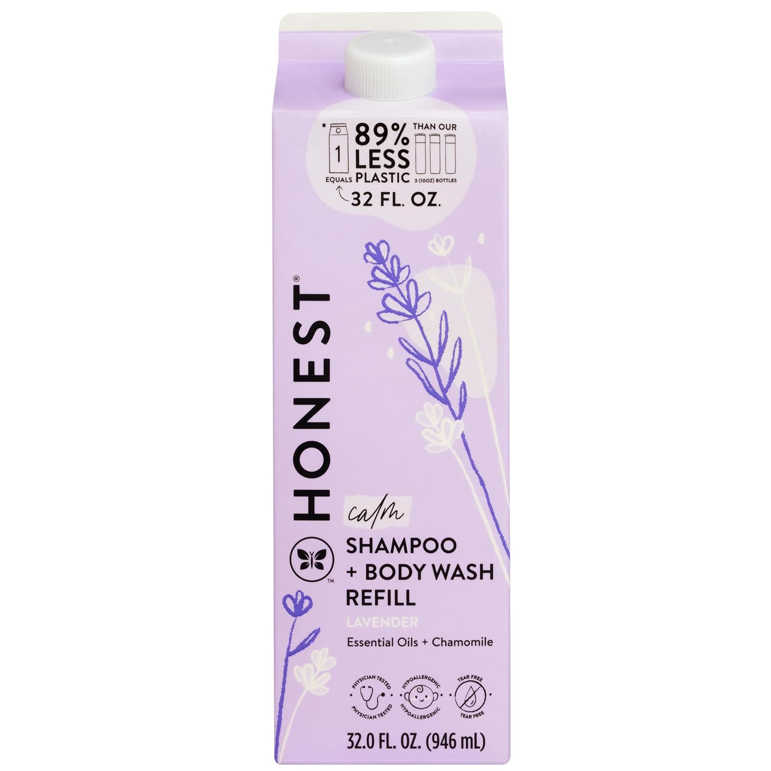 The Honest Company 2-in-1 Cleansing Shampoo Body Wash Refill Carton Gentle for Baby, Naturally Derived, Tear-free, Hypoallergenic, Lavender Calm, 32 fl oz (Pack of 6)