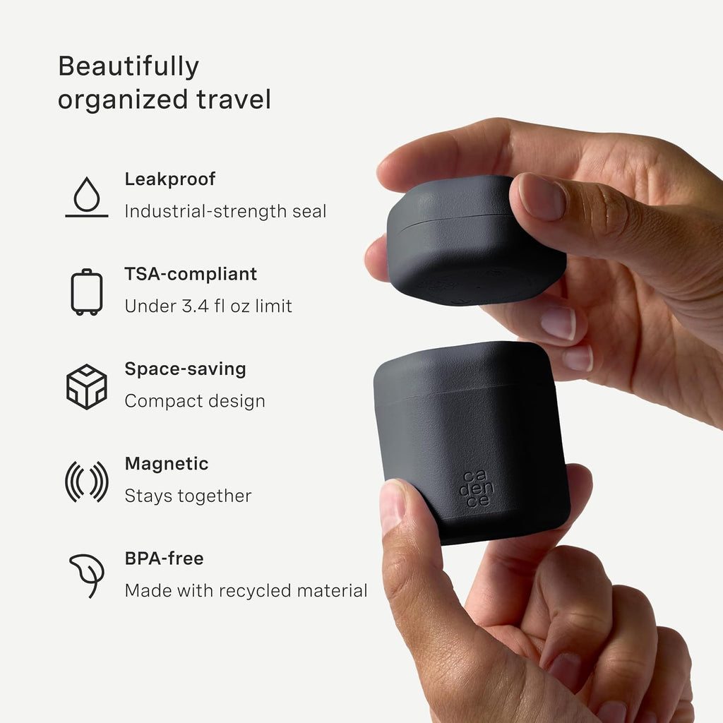 Cadence Travel Containers - 6pk (2 Small, 0.56oz + 4 Medium, 1.32oz), Charcoal - TSA Approved, Leak Proof Full Body Care Capsule Set - Lotion (2), Body Wash, Sun Icon, Hand Cream, Body Oil Labels
