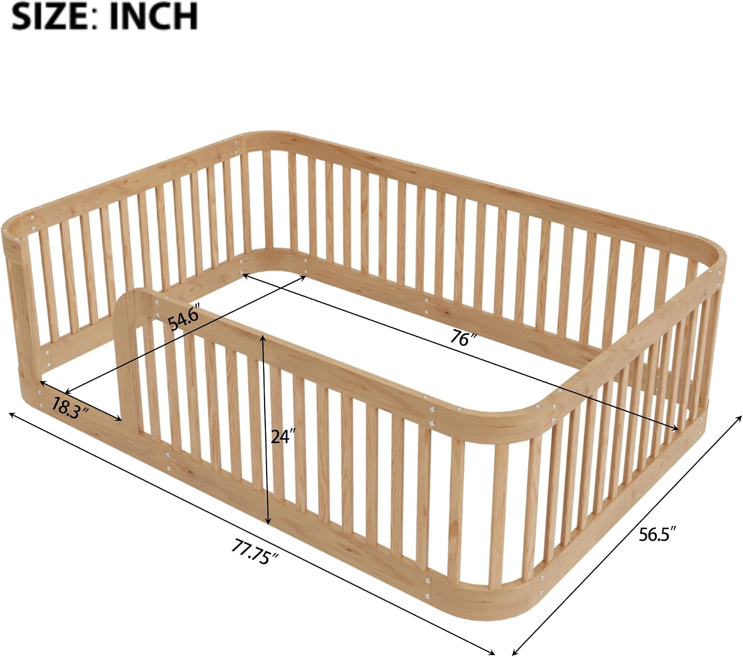 Full Size Wood Floor Bed with Fence, Playful Design Montessori Floor Bed with Guardrail, Without Slats, Easy Assembly (Natural//Full,124)