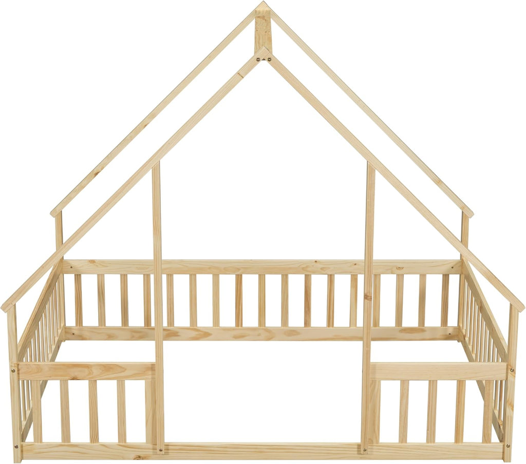 JIVOIT Full Wood House-Shaped Floor Bed with Fence and Guardrails, Wood House Roof Frame, Montessori Floor Bed Frame (Natural-Full,129)