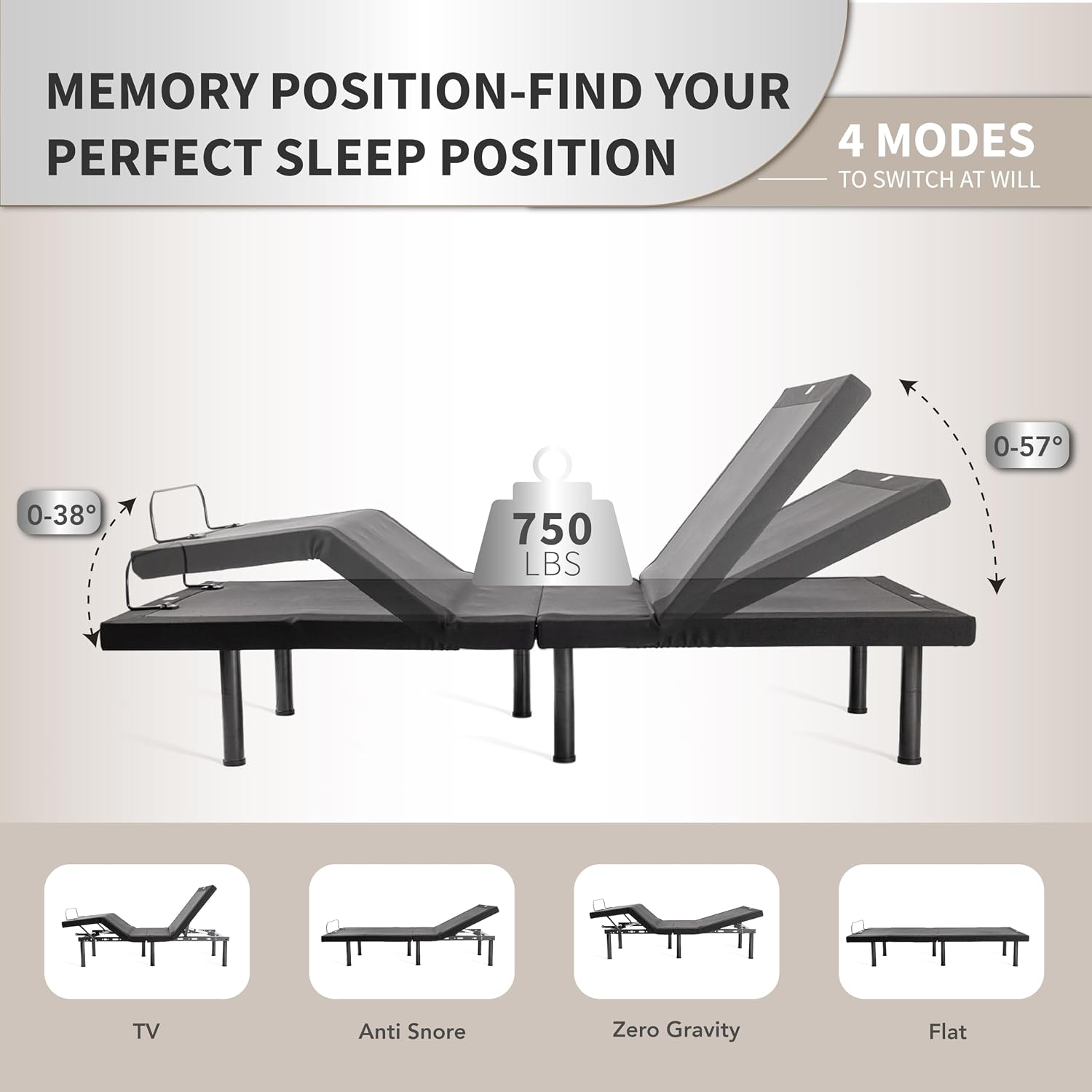 Dyonery Adjustable Bed Base Frame (Frame Only), Head & Foot Incline, 750lbs Lift Capacity, Powerful Quiet Motor, Wireless Remote, 5 Minutes Tools-Free Assembly, Anti-Snore, Queen Size