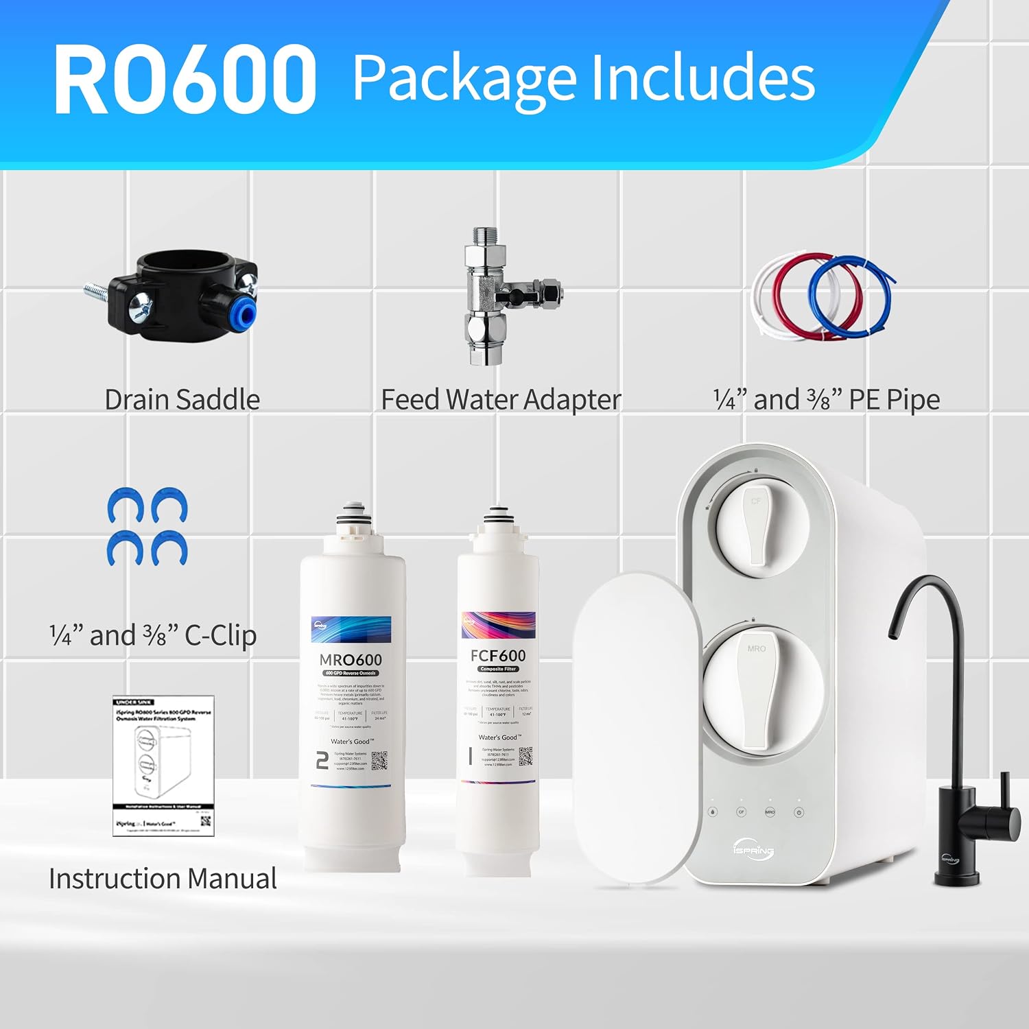 iSpring RO600BN Tankless Reverse Osmosis System Under Sink, 600 GPD Fast Flow RO System, 2.5:1 Pure to Drain Ratio RO Water Filter System, Brushed Nickel Faucet, White