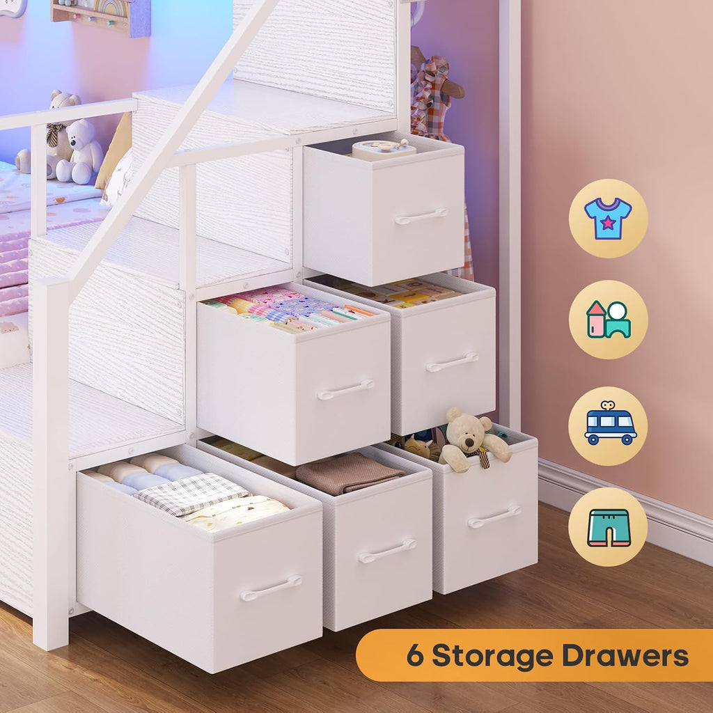 BTHFST Bunk Bed Twin Over Twin with Stairs, LED Lights Twin Bunk Bed with 2 Storage Drawers & 6 Fabric Drawers, Metal Twin Loft Beds with Guardrail & Stairs, Space Saving, Sturdy Frame for Teens