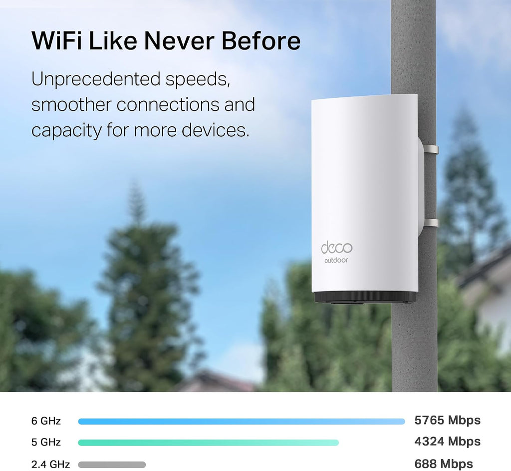 TP-Link Deco 7 Outdoor BE65 BE11000 Tri-Band Wi-Fi 7 Mesh Extender | Up to 3,000 sq.ft, 2 * 2.5G PoE+ Ports, IP65 Waterproof | Multiple Mount Options | 6 GHz, MLO, Homeshield, 320 MHz, AI-Roaming