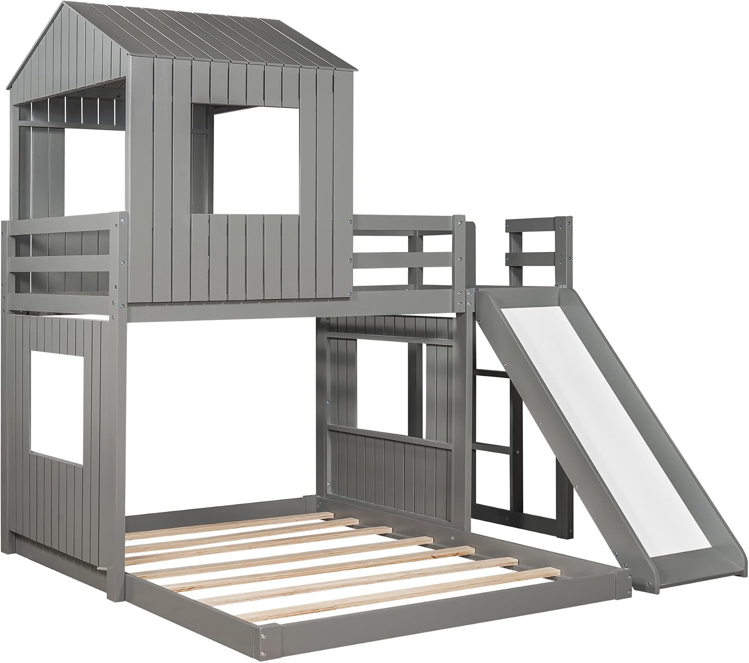 Twin Over Full Bunk Beds with Slide for Kids Toddlers, Play Farm House Roof Window Guardrail Ladder, for Girls Boys, No Spring Box Required (Gray-Slide-Twin-Full)