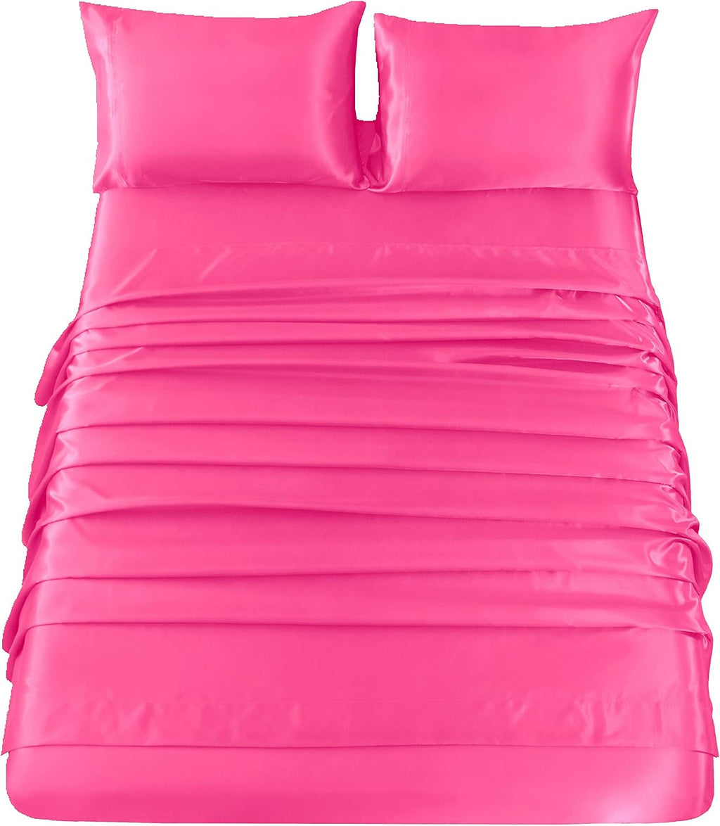 Twin XL Size 4-Piece Sheet Set Premium Mulberry Silk Bed Sheets Set Fits 14-16' Deep Pocket - Luxurious Soft Silk (Solid, Hot Pink)