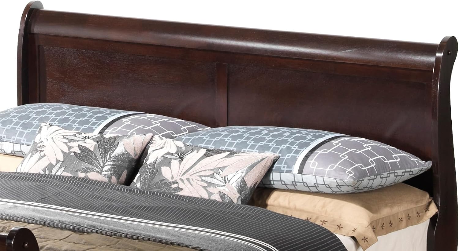 GDFStudio Queen Size Wood Platform Bed Frame, Classic Sleigh Design with Curved Trim & Wood Posts,Easy Assembly, Box Spring Required,Timeless Elegant Bedroom Furniture,Cappuccino