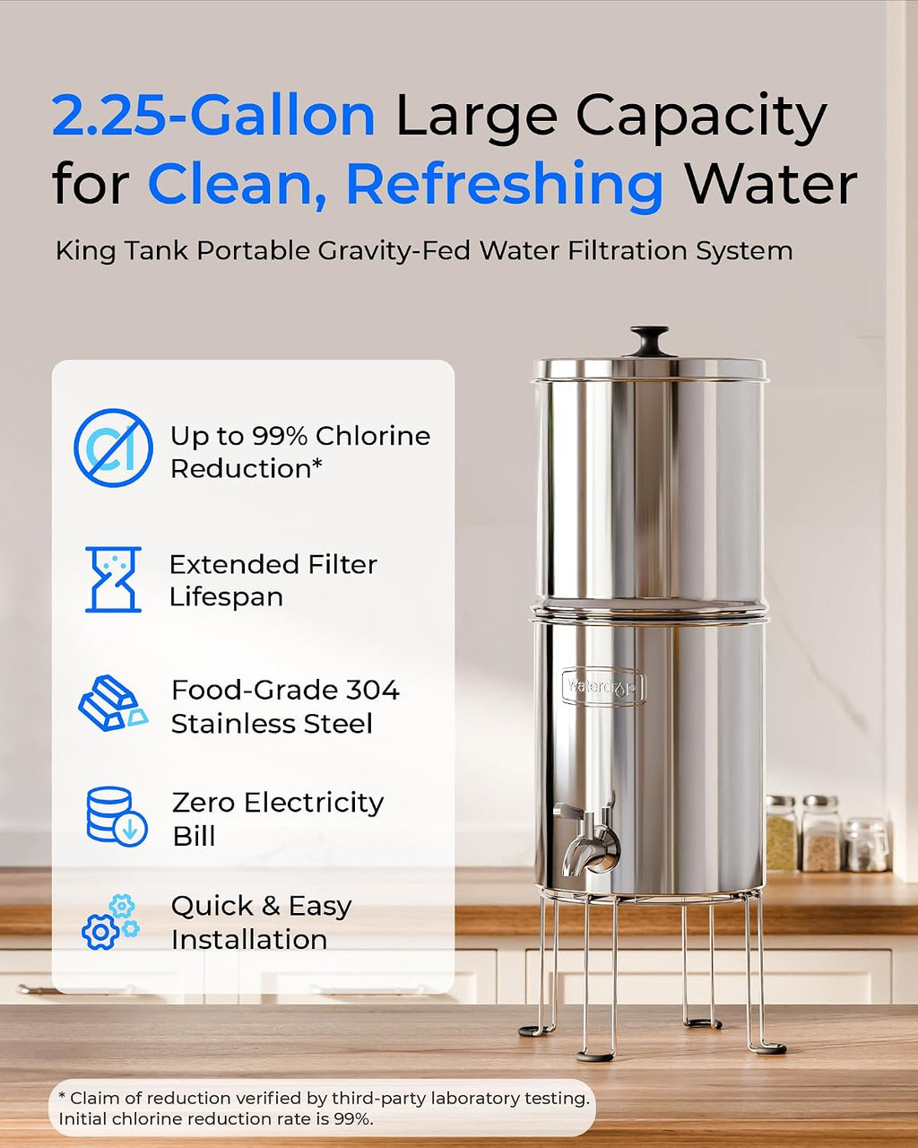 Waterdrop TK-A-S Gravity Water Filter System, NSF/ANSI 42&372 Standard, Reduces Lead and Chlorine, Stainless-Steel Water System with 2 Filters and Metal Spigot for Home, Emergencies, 2.25G