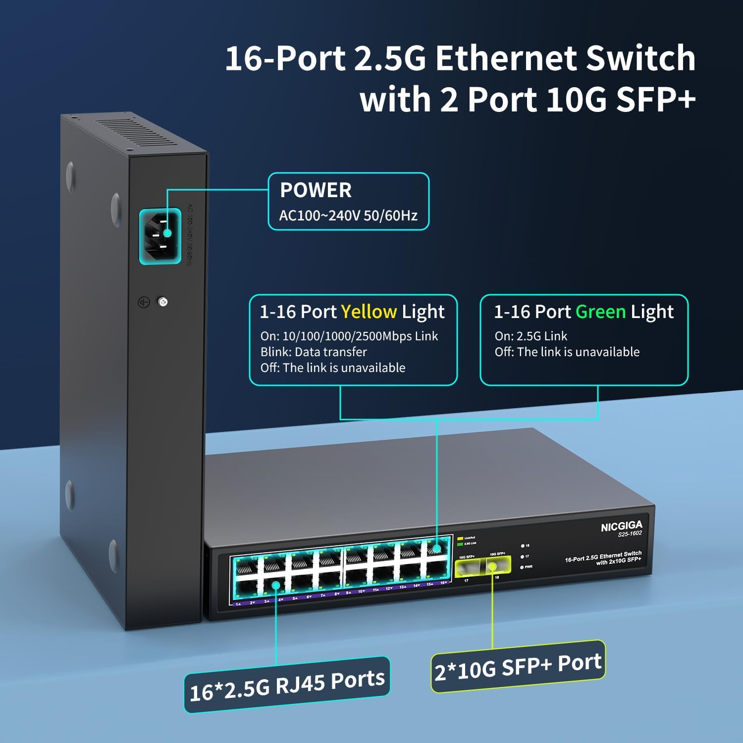 16 Port 2.5G + 2 Port 10G SFP+ Ethernet Switch, NICGIGA 18 Port 2.5Gb Network Switch Unmanaged, Plug & Play, Desktop or 19-inch Rack Mount, Fanless Metal Design.