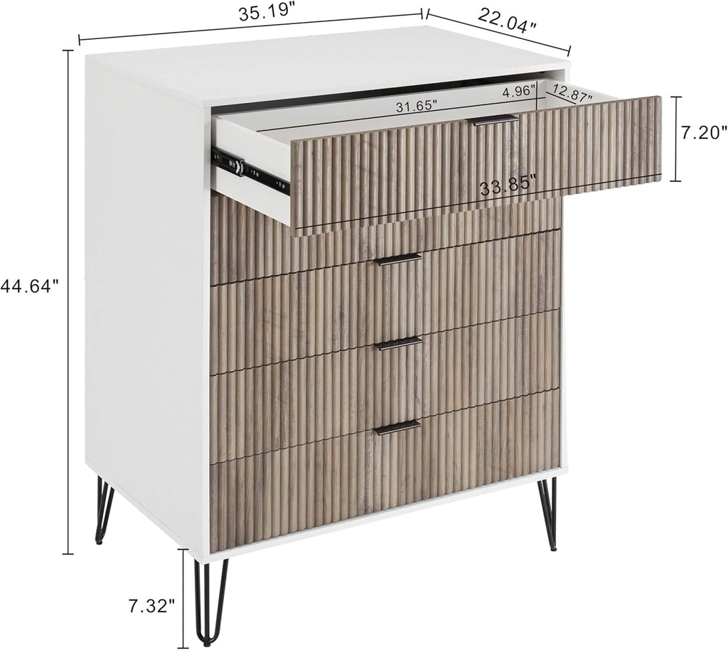 Manhattan Comfort Dumbo 3-Piece Modern Dresser Drawer and Nightstand Set, Tall and Double Low - Vertical Ribbed Design - No Tool Assembly Storage for Bedroom & Living Room, White/Grey
