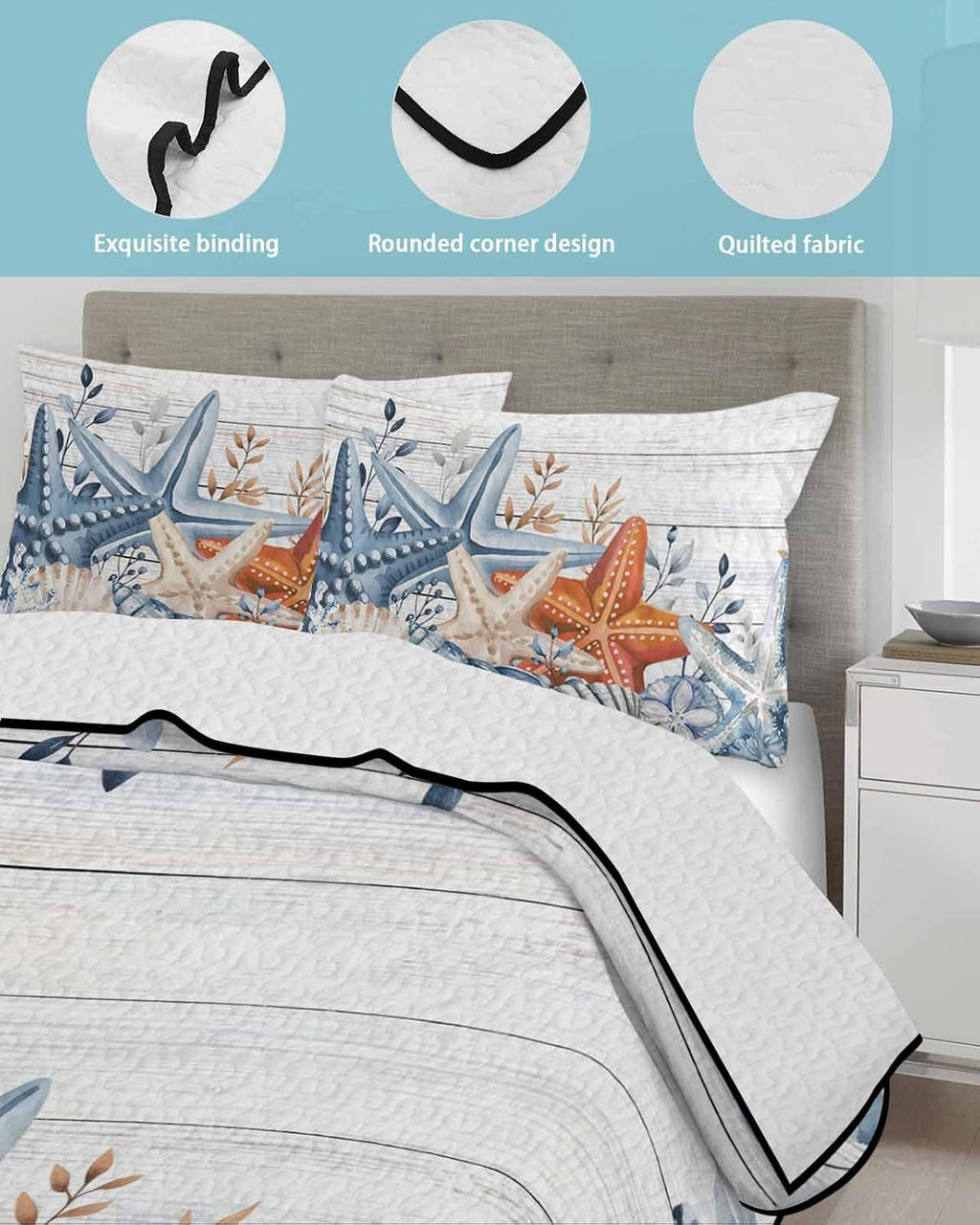 Quilt King Size Bedding Set, Orange Blue Starfish Coastal Lightweight Summer Quilt 3 Pieces Bedding Sets, Summer Beach Eucalyptus Retro Reversible Soft Bedspreads Coverlets with 2 Pillow Shams